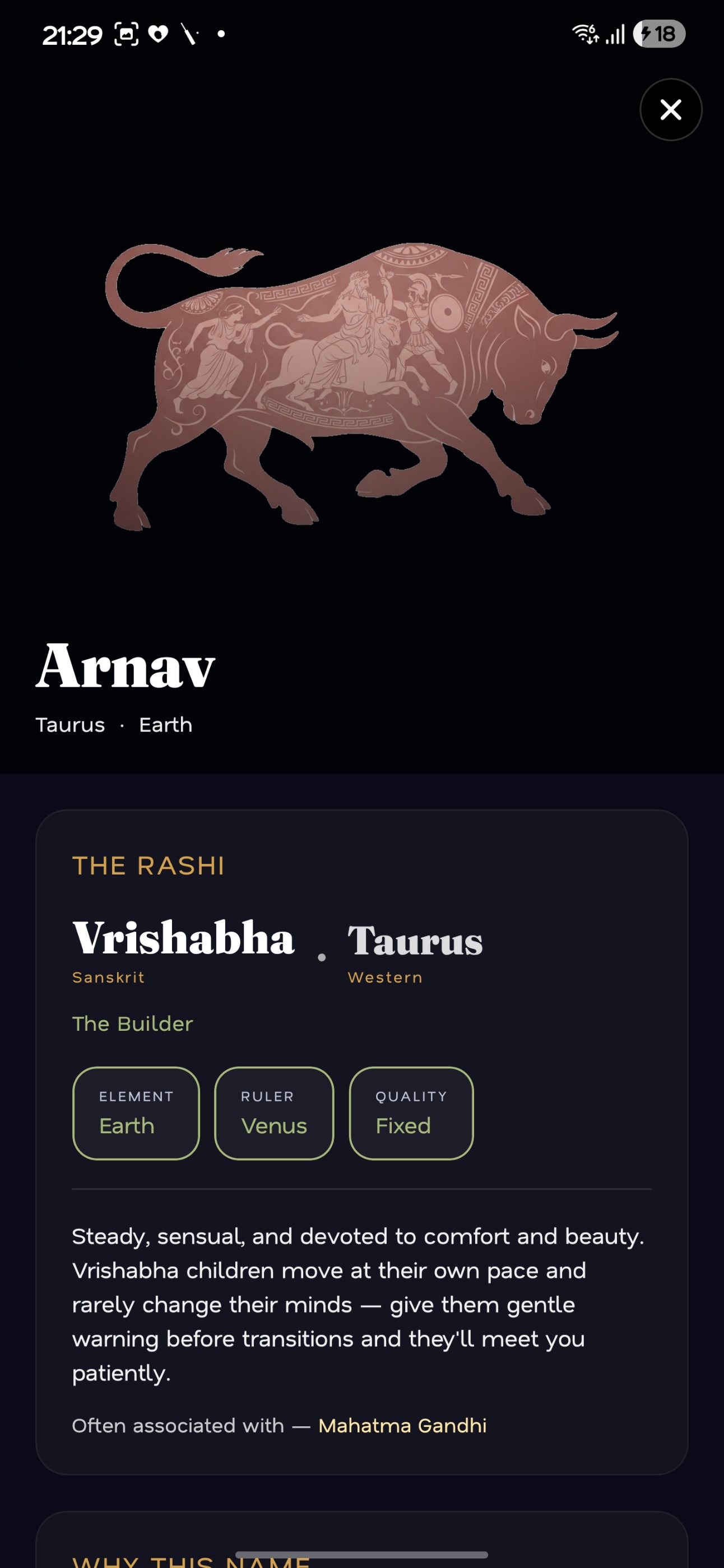 The name Arnav shown with its Vrishabha (Taurus) rashi card — element Earth, ruler Venus, quality Fixed — a depth of Hindu astrology no list-based baby name app provides