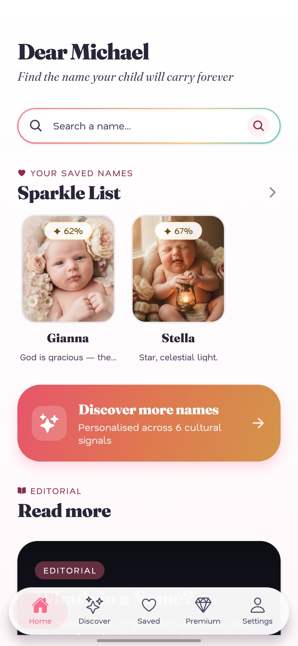NameRoot home screen greeting Michael by name, with a search bar and a Sparkle List carousel showing two saved baby names (Gianna and Stella) each with their AI portrait and compatibility score, plus a Discover More Names CTA below